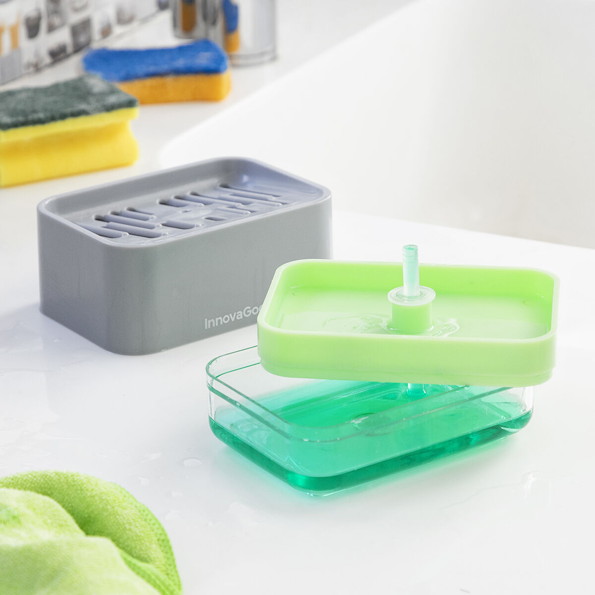 Pushsoap 2-in-1 Zeepdispenser met Sponshouder voor de Keuken